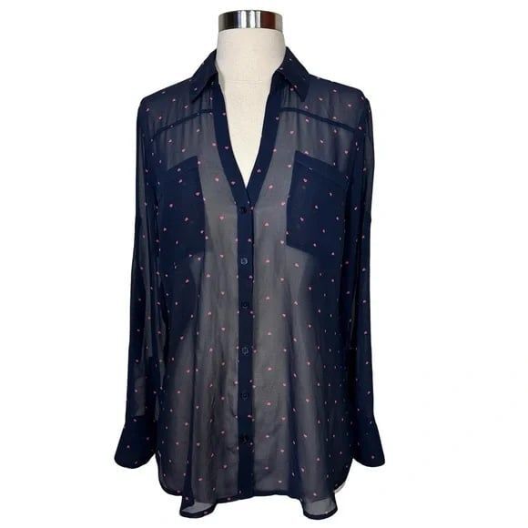 Express Women's Sheer Navy Polka Dot Hearts Button Down Portofino Shirt M - Picture 1 of 7